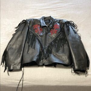 Black Leather Jacket with Red Embroidery and Fringe